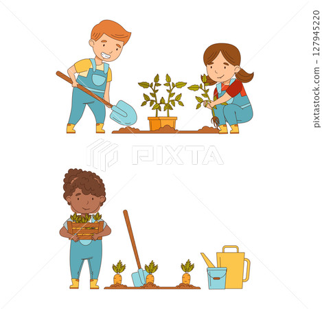 Cute kids working on farm set. Children planting seedlings and digging carrots cartoon vector illustration isolated on white background. Cute kids working on farm set. Children planting seedlings and digging carrots cartoon vector illustration isolated on white background. 127945220