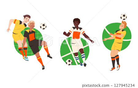 Illustrations of Dynamic Soccer Players Captured in Action on the Field During Matches 127945234