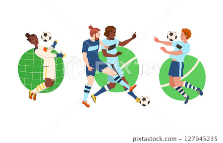 Illustrations of Dynamic Soccer Players Capturing Action on the Field with Great Energy Illustrations of Dynamic Soccer Players Capturing Action on the Field with Great Energy 127945235