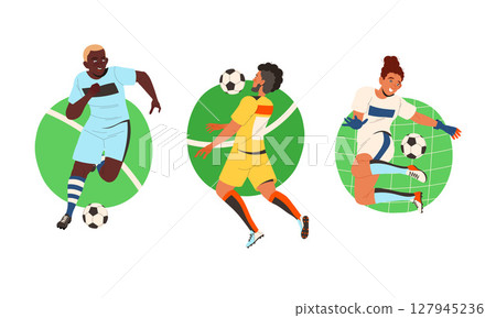 Vibrant Illustrations of Dynamic Soccer Players in Action, Showcasing Their Energy and Skills Vibrant Illustrations of Dynamic Soccer Players in Action, Showcasing Their Energy and Skills 127945236