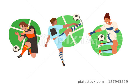Illustrations Depicting Dynamic Soccer Players Engaged in HighEnergy Action On The Field 127945239