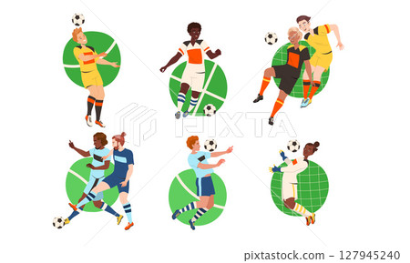Exciting Dynamic Soccer Actions Featuring a Variety of Diverse Players in Colorful Kits Exciting Dynamic Soccer Actions Featuring a Variety of Diverse Players in Colorful Kits 127945240