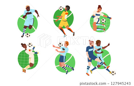 Dynamic Soccer Illustrations Depicting Various Players Engaged in Exciting Action Moments Dynamic Soccer Illustrations Depicting Various Players Engaged in Exciting Action Moments 127945243