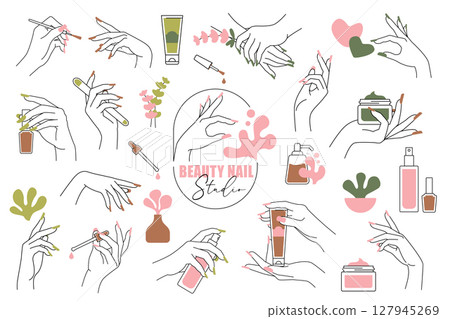 Hands and Nails Line Art Kit. Doodle Elements for Beauty Branding, logotype in a vector illustration 127945269