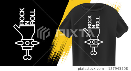 Rock n Roll Hand Gesture Icon Vector, White Outline Symbol with Skull Details, Music Lifestyle Graphic, Concert Merch Design, Rebel Attitude, Black Background, Edgy Fashion Apparel Art 127945308