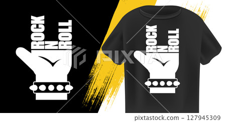 Rock n Roll Hand Symbol Vector, White Heavy Metal Gesture with Studded Bracelet, Music Lifestyle Graphic, Concert Merch Design, Rebel Attitude, Black Background, Edgy Fashion Apparel 127945309