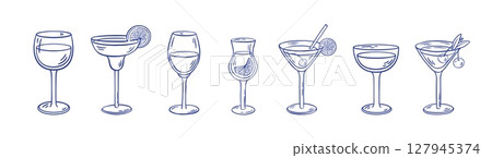 Hand-drawn cocktail and wine glass set vector illustration. Doodle sketch style drinks with margarita, martini, wine, and mocktail, limonchello. Perfect for bar, menus, party, invitations, restaurant 127945374