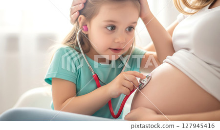 Girl listening to her mother's pregnant belly with stethoscope. 127945416