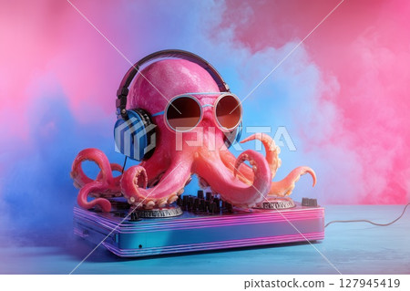 Pink octopus dj mixing music with sunglasses and headphones on colorful background Pink octopus dj mixing music with sunglasses and headphones on colorful background 127945419