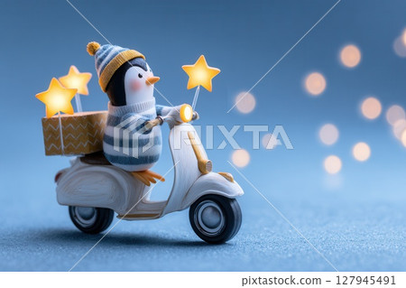 Christmas penguin delivering gifts on scooter with starry lights 127945491