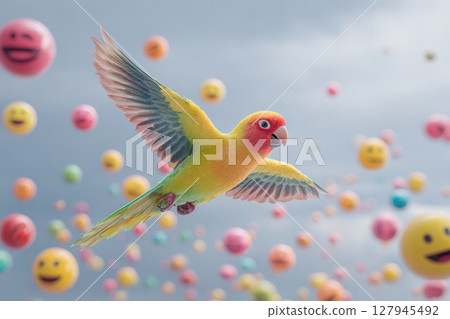 Colorful parrot flying through sky of emojis spreading happiness and joy 127945492