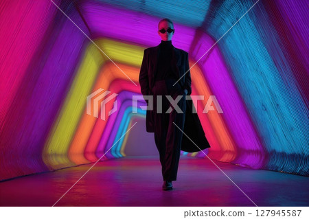 Fashion model walking through colorful neon tunnel 127945587