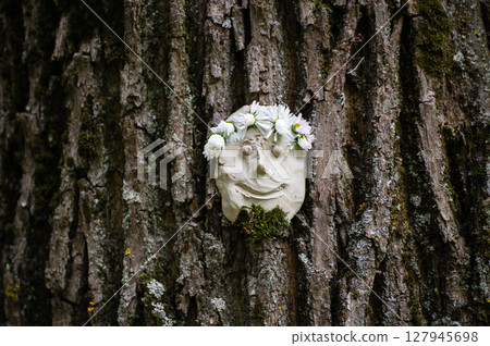 Monster face on tree with sharp thorns and warts. Tree spirit and fantasy concept. Pagan spirits, rituals 127945698
