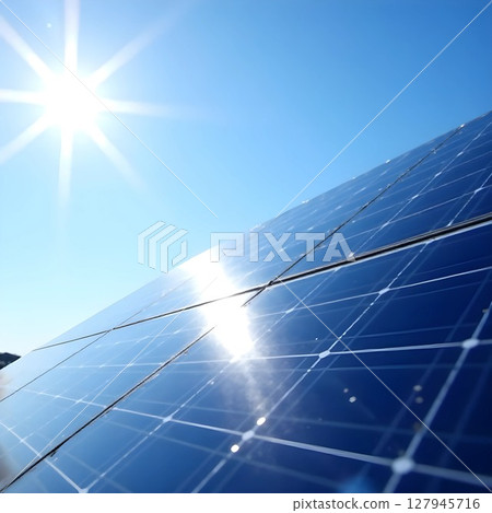 solar panels on blue sky and sun. clean energy, eco friendly. alternative energy concept 127945716
