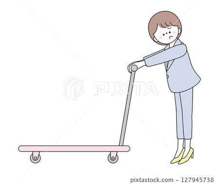 一位身穿西裝的女士推著推車有困難的插圖 127945738