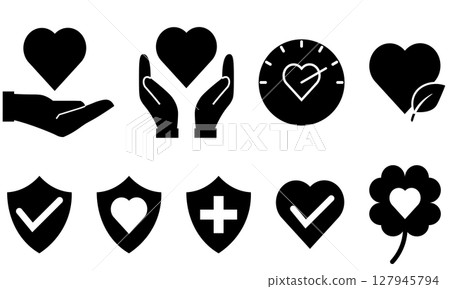 一組輪廓圖標,由象徵健康和心靈平靜的心和符號組成 一組輪廓圖標,由象徵健康和心靈平靜的心和符號組成 127945794