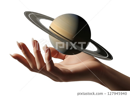 Saturn planet held in human hand, isolated on transparent background, cosmic fantasy, astronomy, sci-fi, and surreal concept 127945940