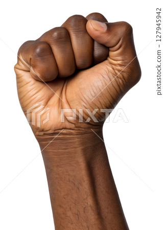 Clenched fist raised in protest or solidarity, isolated on transparent background, power, resistance, unity, activism, and strength symbol 127945942