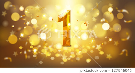 Sparkling golden number 1 surrounded by stars and bokeh lights. 127946045