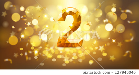 Sparkling golden number 2 surrounded by stars and bokeh lights. 127946046