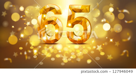 Sparkling golden number 65 surrounded by stars and bokeh lights. 127946049