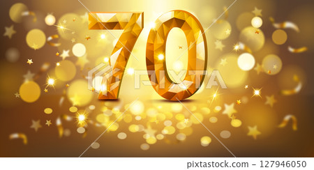 Sparkling golden number 70 surrounded by stars and bokeh lights. Sparkling golden number 70 surrounded by stars and bokeh lights. 127946050