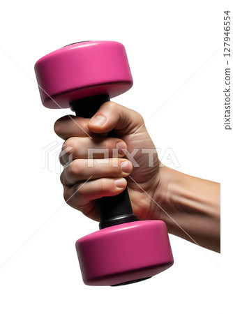 Hand holding pink dumbbell isolated on transparent background, women's fitness, home workout, strength training, gym equipment concept Hand holding pink dumbbell isolated on transparent background, women's fitness, home workout, strength training, gym equipment concept 127946554