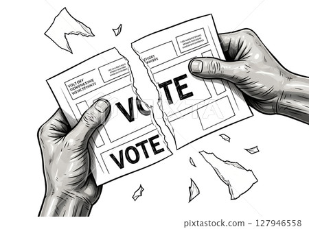 Destroyed ballot paper being torn by hands, lost faith in democracy, political apathy, electoral reform Destroyed ballot paper being torn by hands, lost faith in democracy, political apathy, electoral reform 127946558