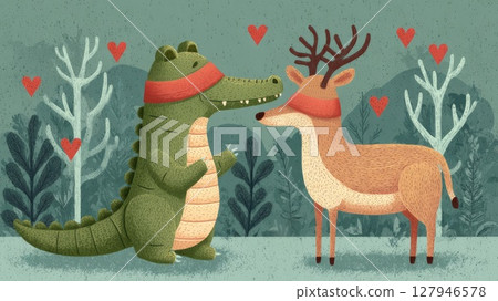 A blindfolded crocodile and a deer in the forest share a heartfelt moment surrounded by symbols of love. The concept of blind love A blindfolded crocodile and a deer in the forest share a heartfelt moment surrounded by symbols of love. The concept of blind love 127946578