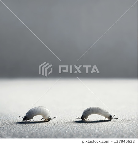 White larvae crawling on a surface in daylight White larvae crawling on a surface in daylight 127946628