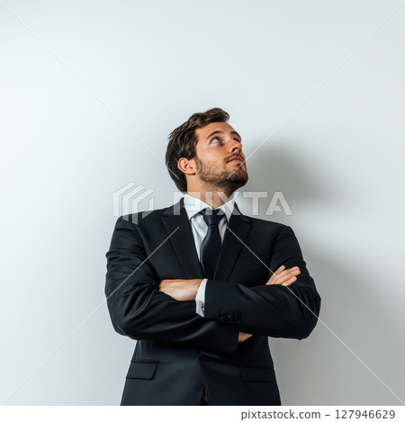 Confident businessman looking thoughtfully upward Confident businessman looking thoughtfully upward 127946629