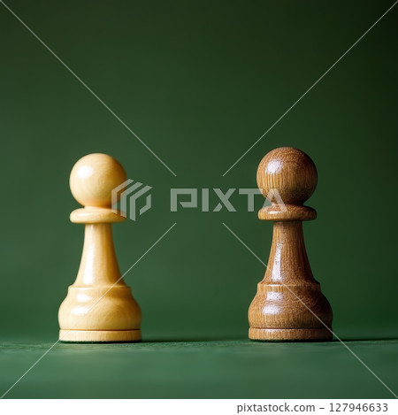 Two chess pawns on green background in close view Two chess pawns on green background in close view 127946633