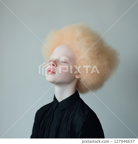 Young model displays unique hairstyle indoors Young model displays unique hairstyle indoors 127946637