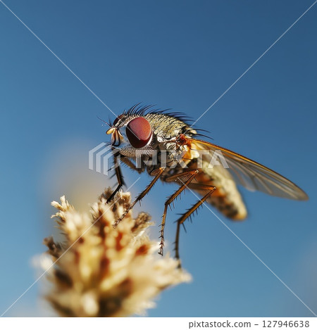 Close up view of a fly resting on a plant 127946638