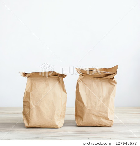 Brown paper bags on a wooden table in bright light Brown paper bags on a wooden table in bright light 127946658