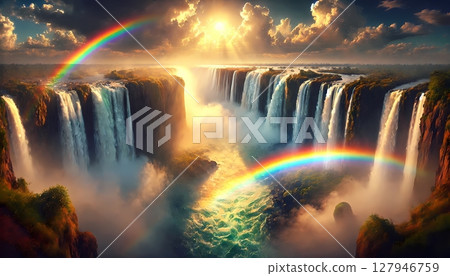 一幅令人驚嘆的插圖，描繪了巨大瀑布上方的兩道彩虹 127946759