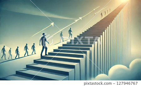 Silhouette of a businessman climbing the stairs to success Coaching and psychology content 127946767