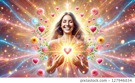 一個笑容燦爛的女人，內心洋溢著幸福的能量 127946834