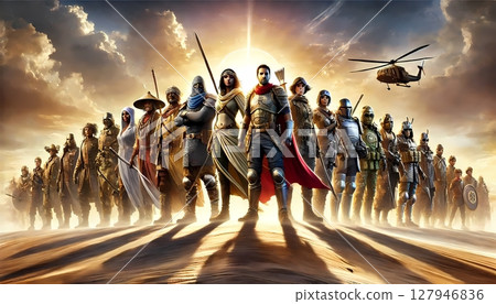 Various heroes and warriors lined up in the desert in a fantasy RPG style 127946836