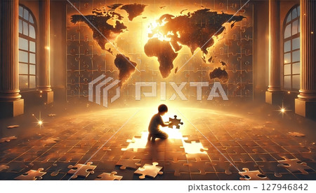 A boy filling in a puzzle of a world map: An illustration showing children's future 127946842