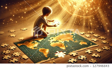 一個男孩在製作世界地圖拼圖:這幅插圖代表了一個孩子的夢想 一個男孩在製作世界地圖拼圖:這幅插圖代表了一個孩子的夢想 127946843