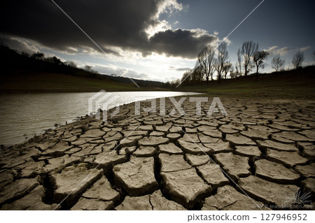 Breathtaking Sunset Over Cracked Earth Landscape with Water Reflection and Dramatic Clouds 127946952