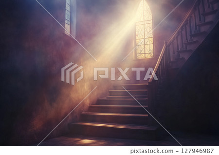Light Shines Through Stained Glass on Old Staircase in Dimly Lit Historic Building 127946987