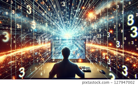 程式設計師在數位空間 AI 人工智慧插圖中思考的後視圖 程式設計師在數位空間 AI 人工智慧插圖中思考的後視圖 127947002