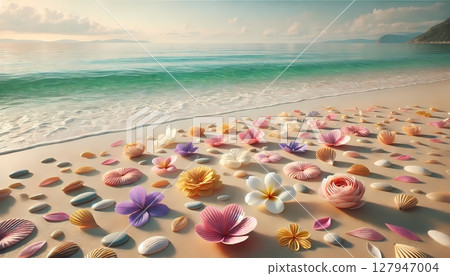 Fancy illustration of flowers arranged on the sand of the beach 127947004