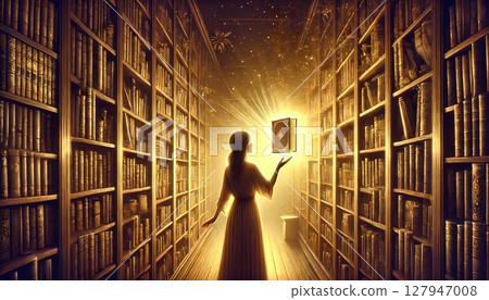 一位女士在圖書館裡發現一本發光的書並撿起它的插圖 127947008