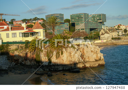 Coastal View of Modern Buildings and Palm Trees 127947488