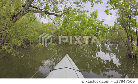 paddling on calm lake or river in spring scenery - POV view from paddling kayak or canoe on Boedecker Reservoir in Loveland, Colorado paddling on calm lake or river in spring scenery - POV view from paddling kayak or canoe on Boedecker Reservoir in Loveland, Colorado 127947509