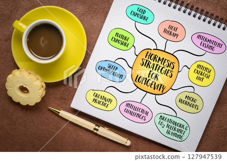 Home based hormesis strategies for healthy aging and longevity, including cold therapy, fasting, exercise, and mental resilience practices. Mind map sketch infographic. Home based hormesis strategies for healthy aging and longevity, including cold therapy, fasting, exercise, and mental resilience practices. Mind map sketch infographic. 127947539