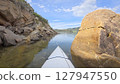 spring kayaking or canoeing in a sandstone canyon along a rocky shore of Horsetooth Reservoir near Fort Collins, Colorado - POV paddler perspective 127947550